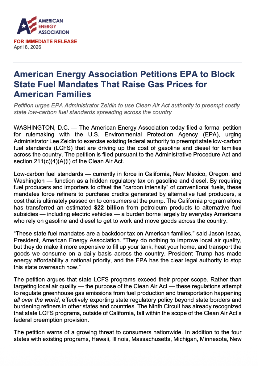 American Energy Petitions EPA to Block State Fuel Mandates That Raise Gas Prices for American Families
